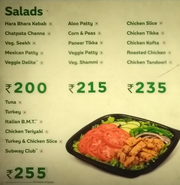 Subway India Menu Prices