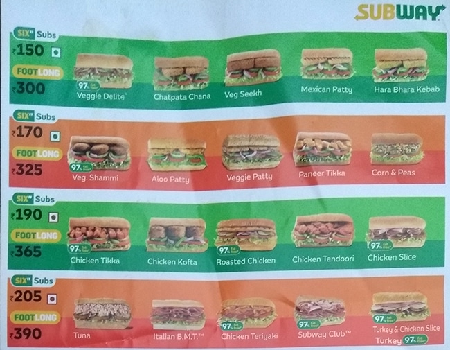 Subway India Menu Prices